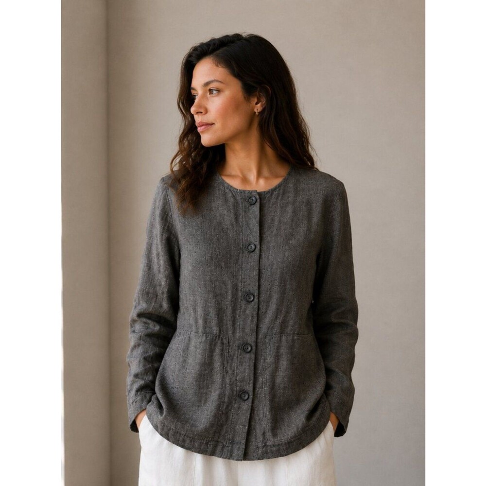 Tamotsu New York 100% Linen Shirt Jacket Gray Women Size 6 Button Front USA